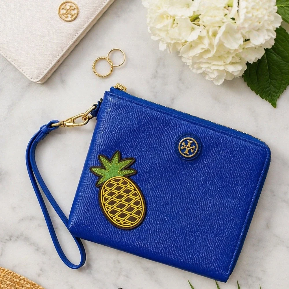 Tory Burch Wristlet Cobalt Blue Saffiano Leather Pineapple Zip Clutch Wallet Bag